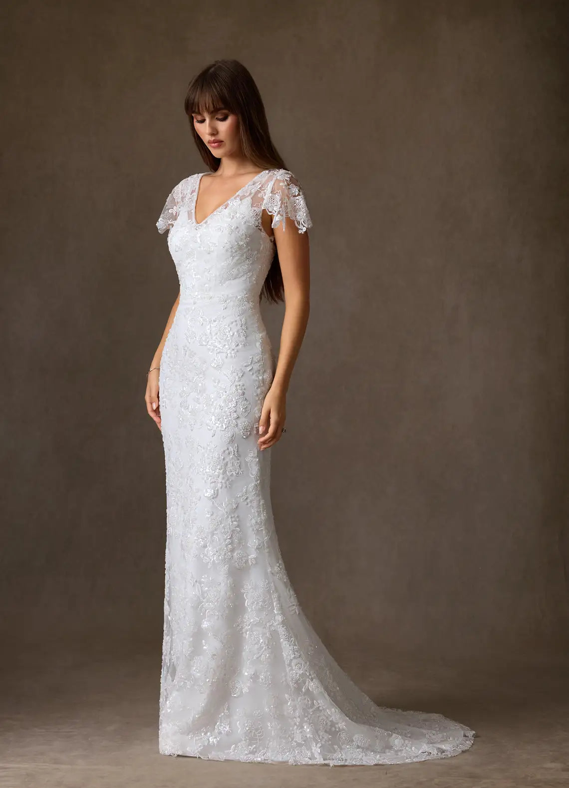 Romantic, vintage-inspired aesthetic V-Neck Lace Mermaid Wedding Dress with Sheer Flutter Sleeves