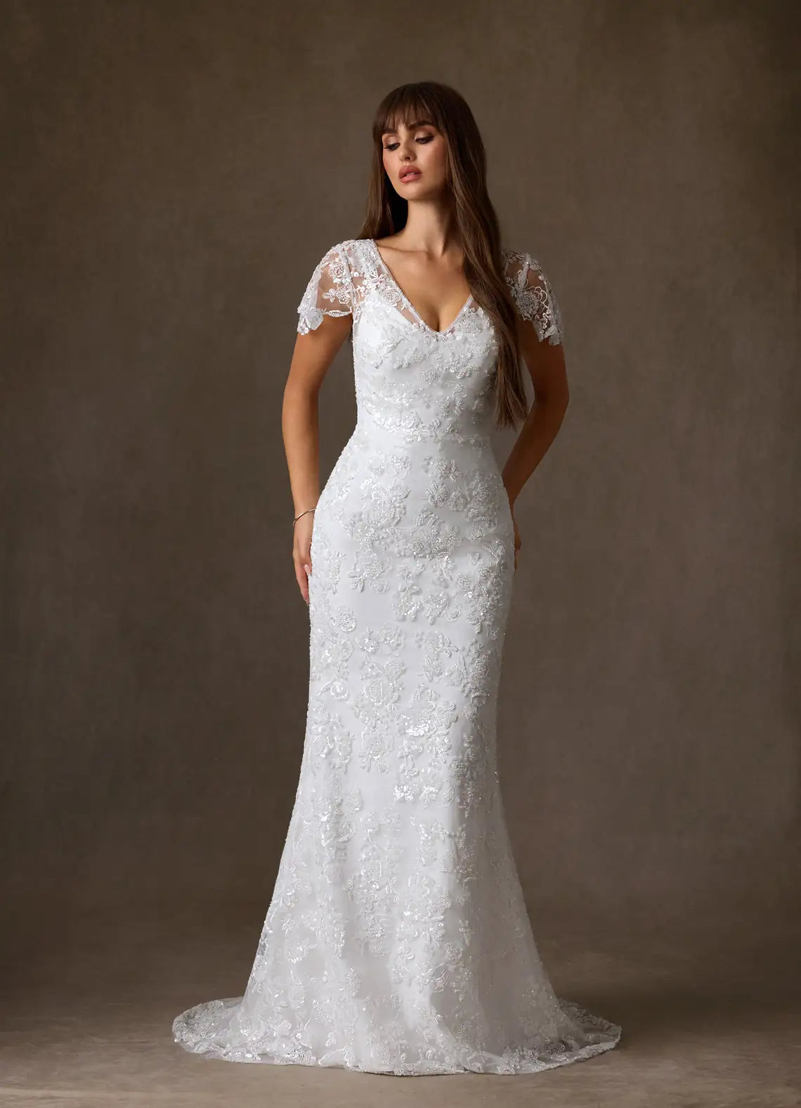 Romantic, vintage-inspired aesthetic V-Neck Lace Mermaid Wedding Dress with Sheer Flutter Sleeves