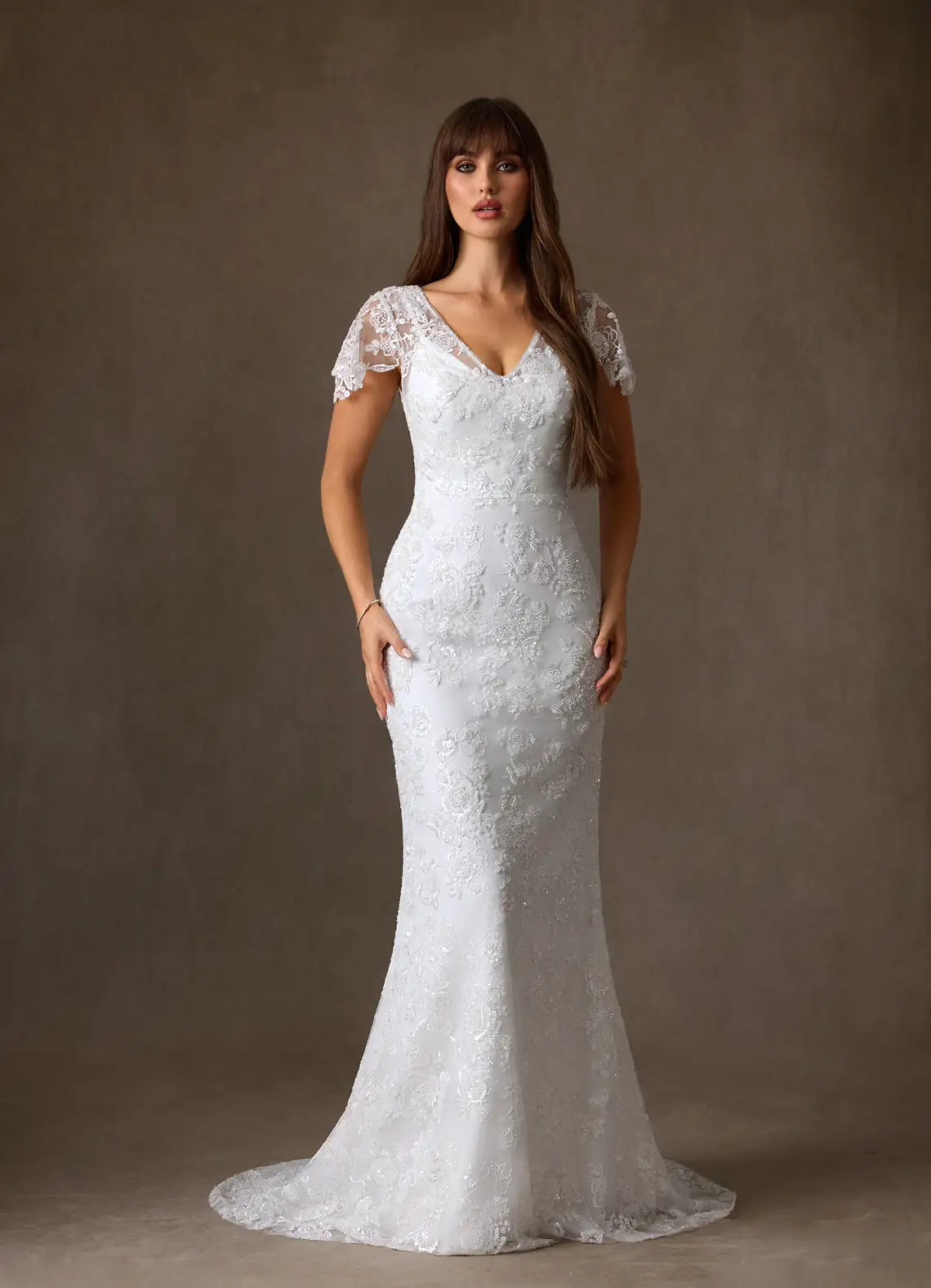 Romantic, vintage-inspired aesthetic V-Neck Lace Mermaid Wedding Dress with Sheer Flutter Sleeves