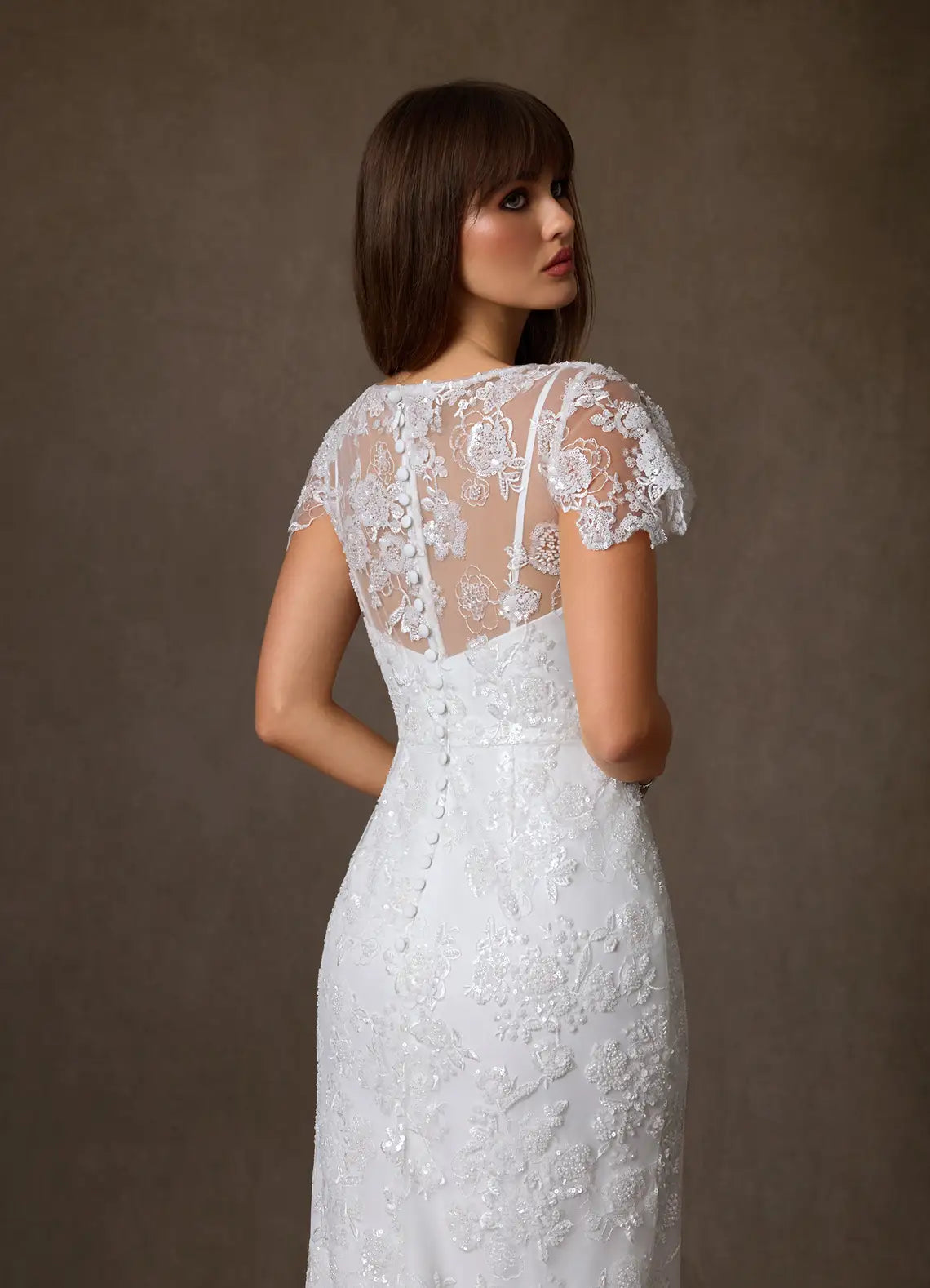 Romantic, vintage-inspired aesthetic V-Neck Lace Mermaid Wedding Dress with Sheer Flutter Sleeves
