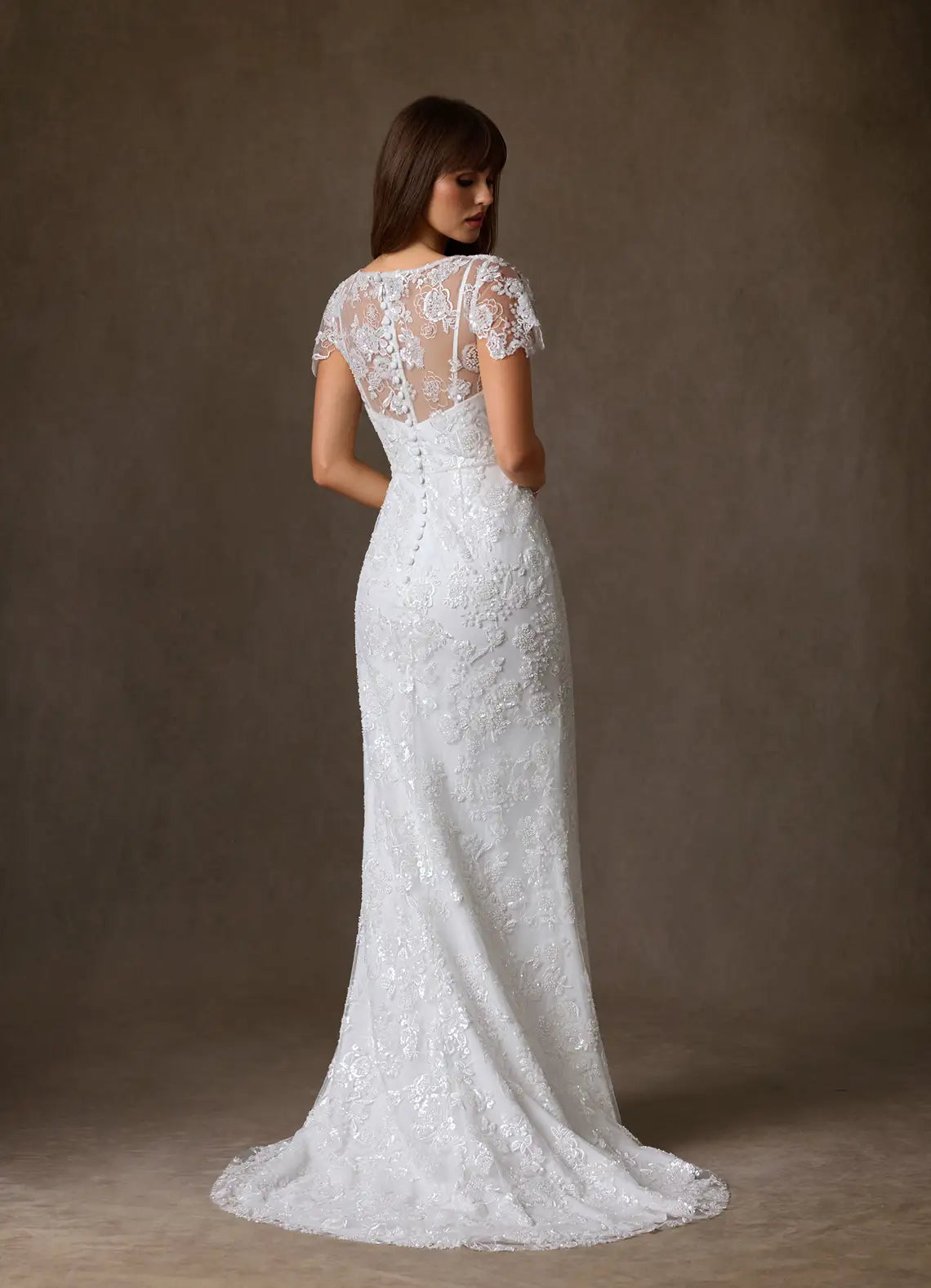 Romantic, vintage-inspired aesthetic V-Neck Lace Mermaid Wedding Dress with Sheer Flutter Sleeves