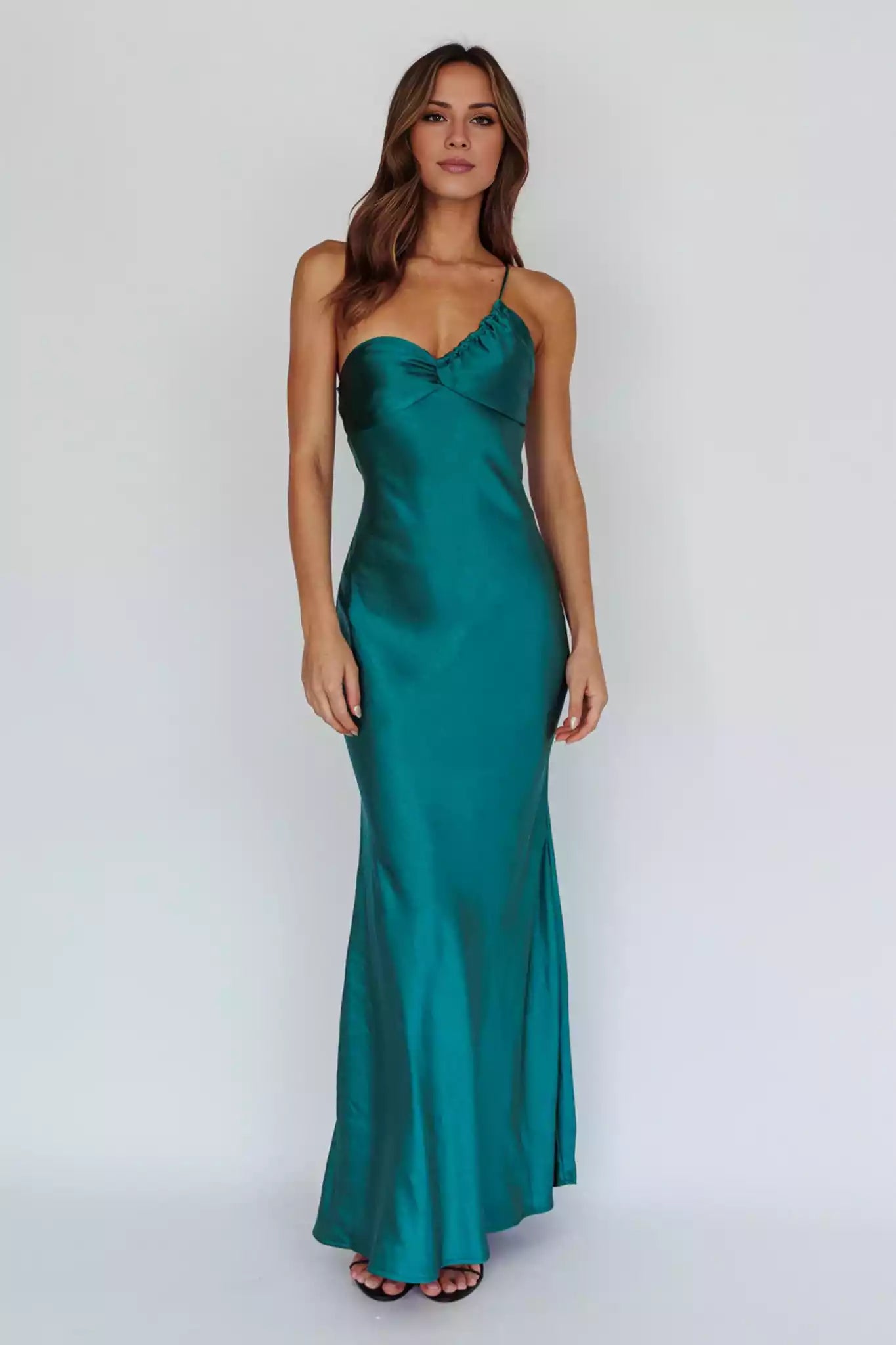 Romantic satin unlined single shoulder style with adjustable shoulder straps and zippered back Prom Dresses