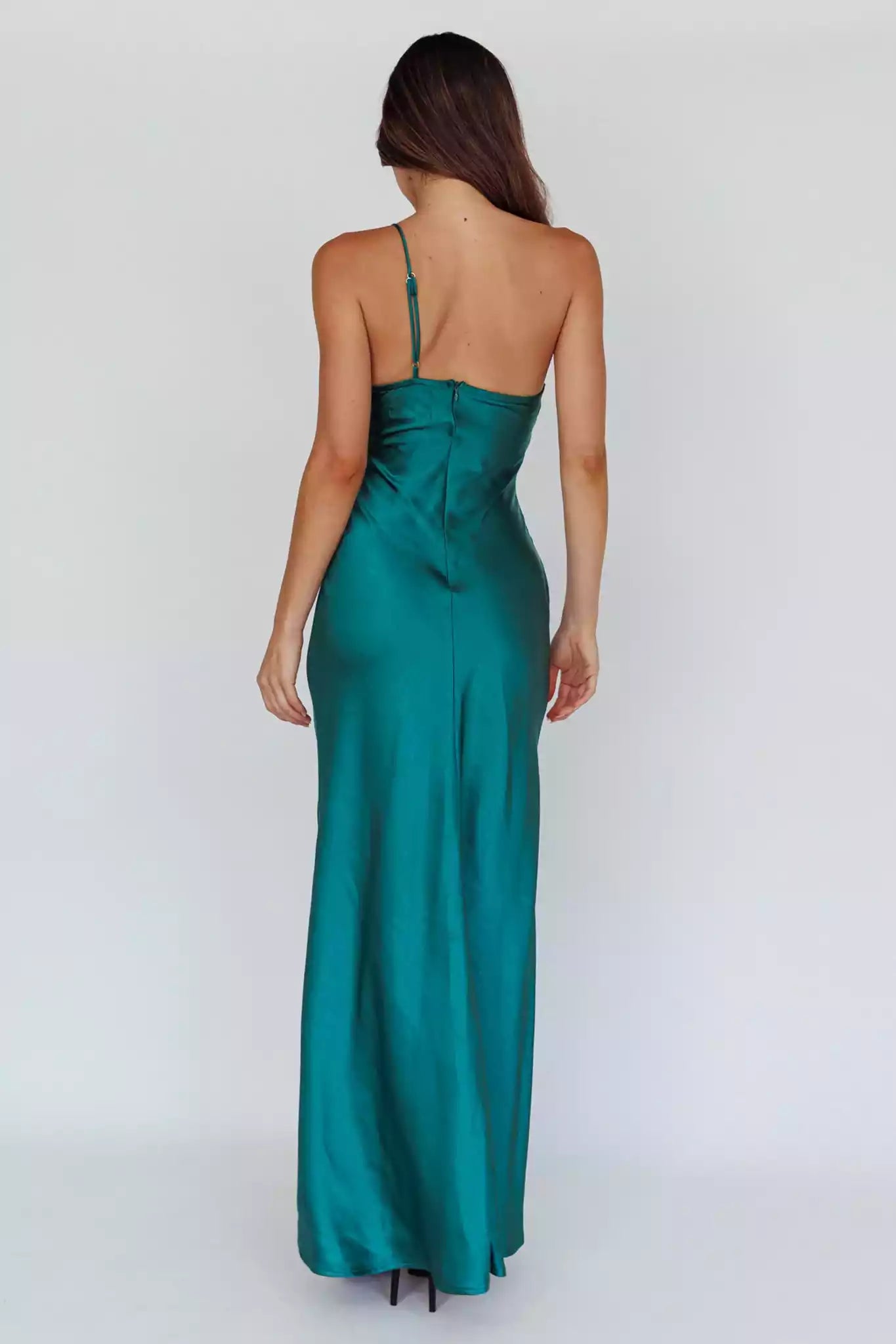 Romantic satin unlined single shoulder style with adjustable shoulder straps and zippered back Prom Dresses