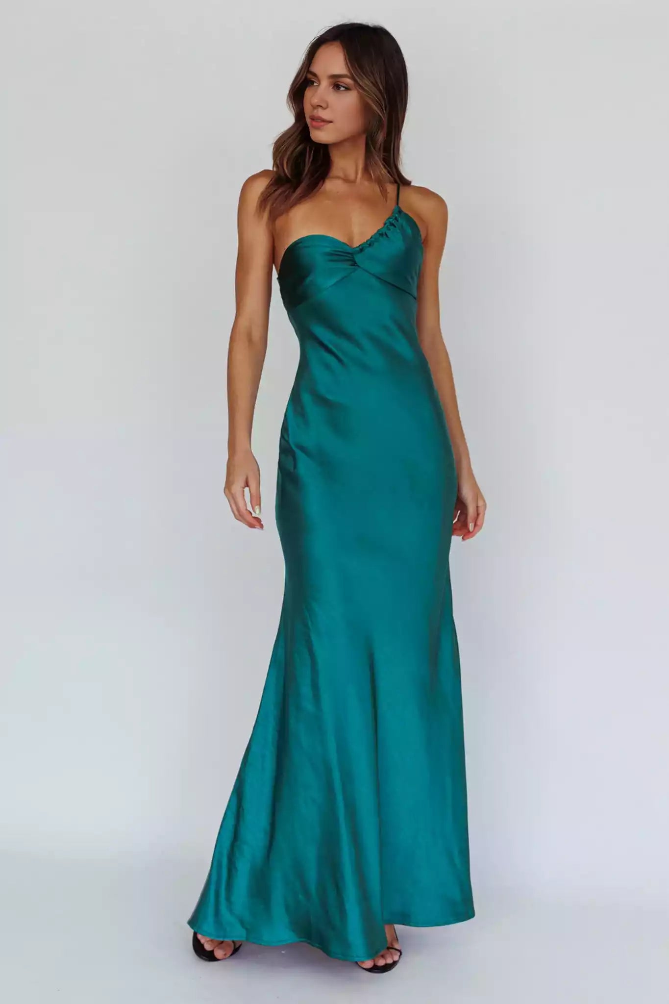Romantic satin unlined single shoulder style with adjustable shoulder straps and zippered back Prom Dresses