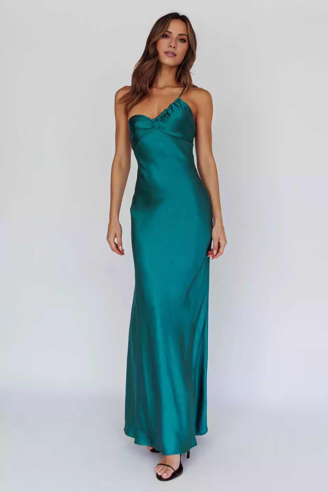 Romantic satin unlined single shoulder style with adjustable shoulder straps and zippered back Prom Dresses