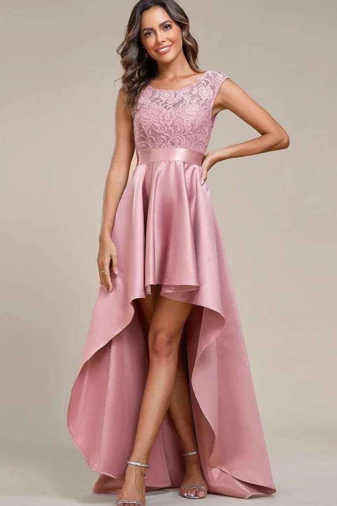 Round Neck Blush Pink Lace & Satin High-Low Evening Dresses with Satin Waist Belt and Front Slit