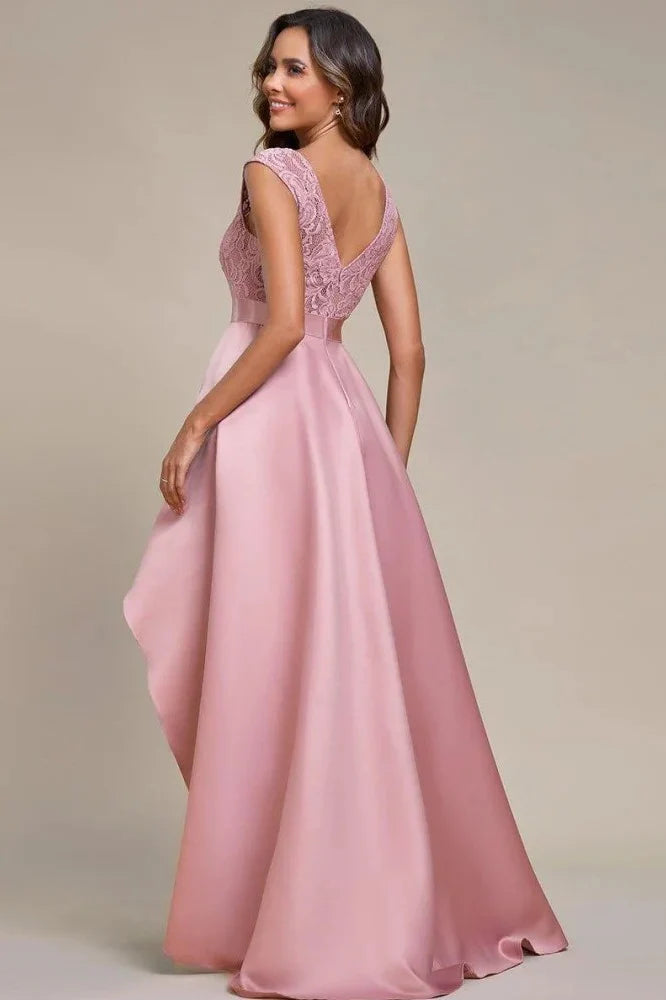 Round Neck Blush Pink Lace & Satin High-Low Evening Dresses with Satin Waist Belt and Front Slit
