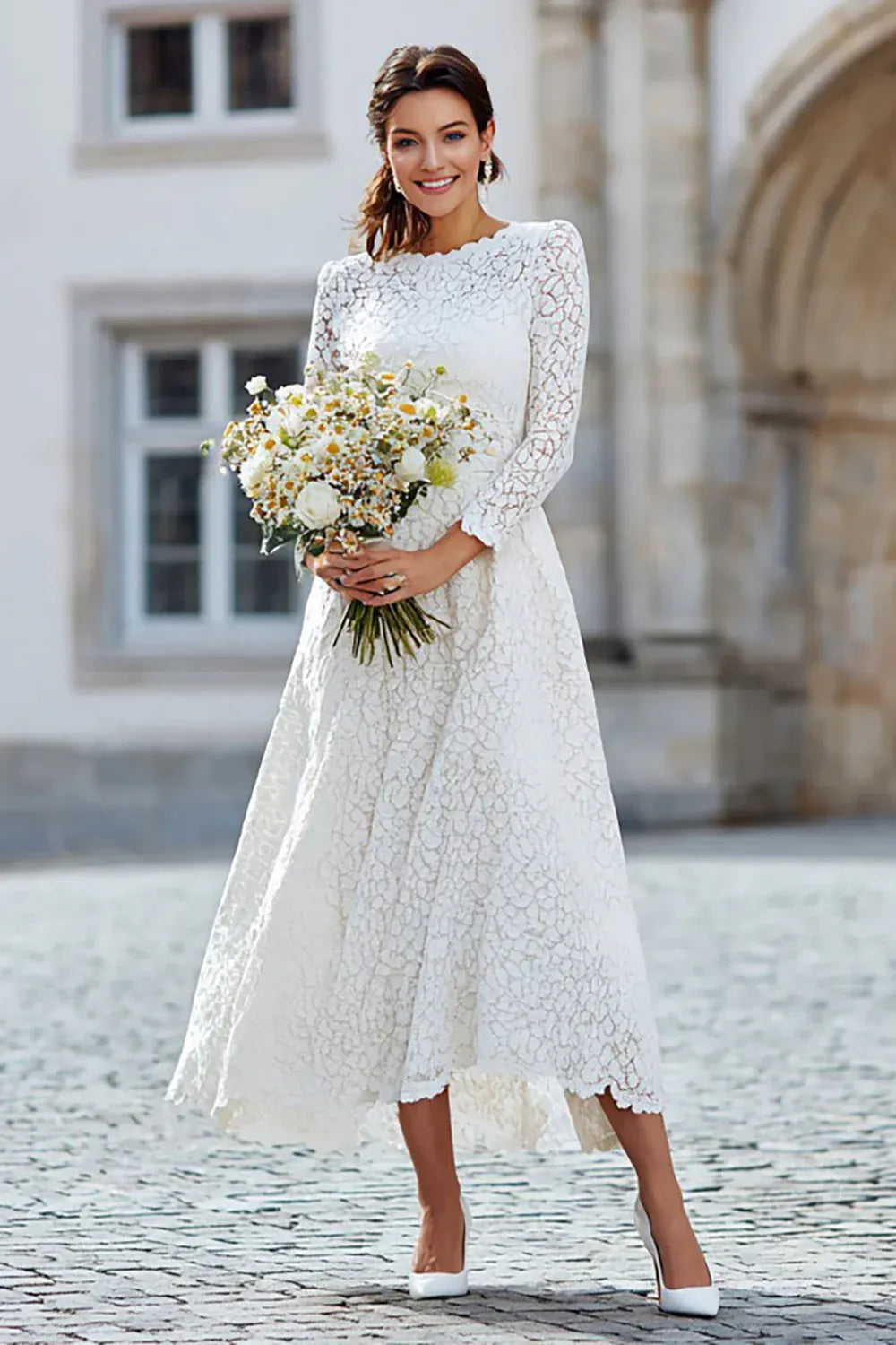 Round Neck Long Sleeve Lace Midi Wedding Dress - Vintage Bridal & Elopement Gown