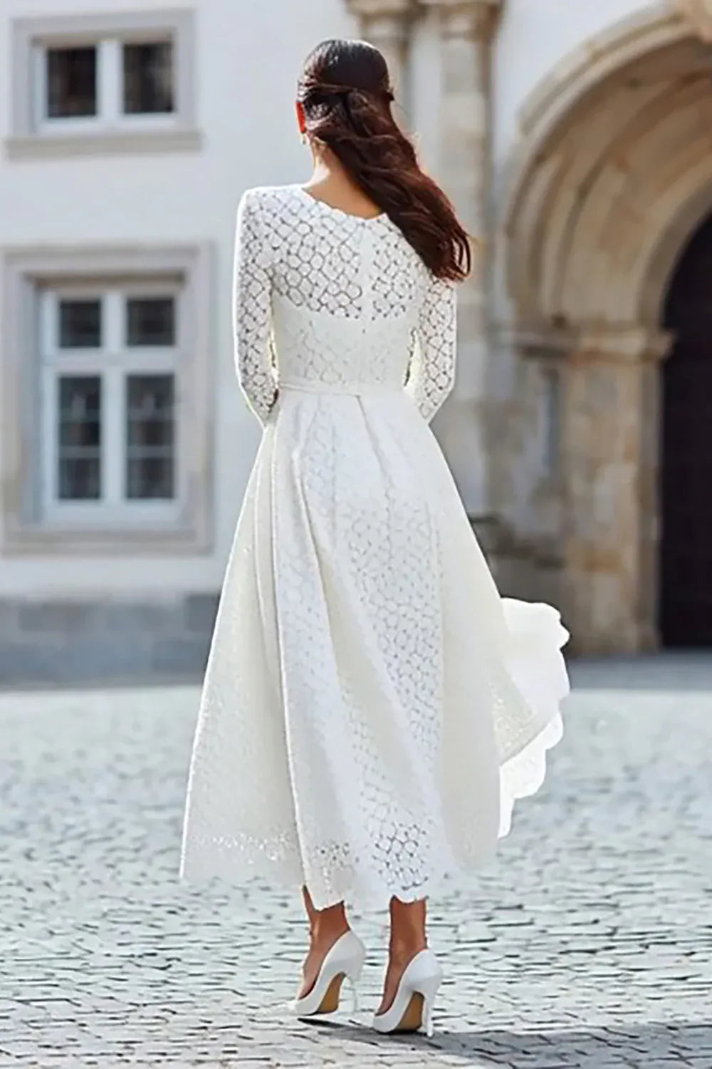 Round Neck Long Sleeve Lace Midi Wedding Dress - Vintage Bridal & Elopement Gown
