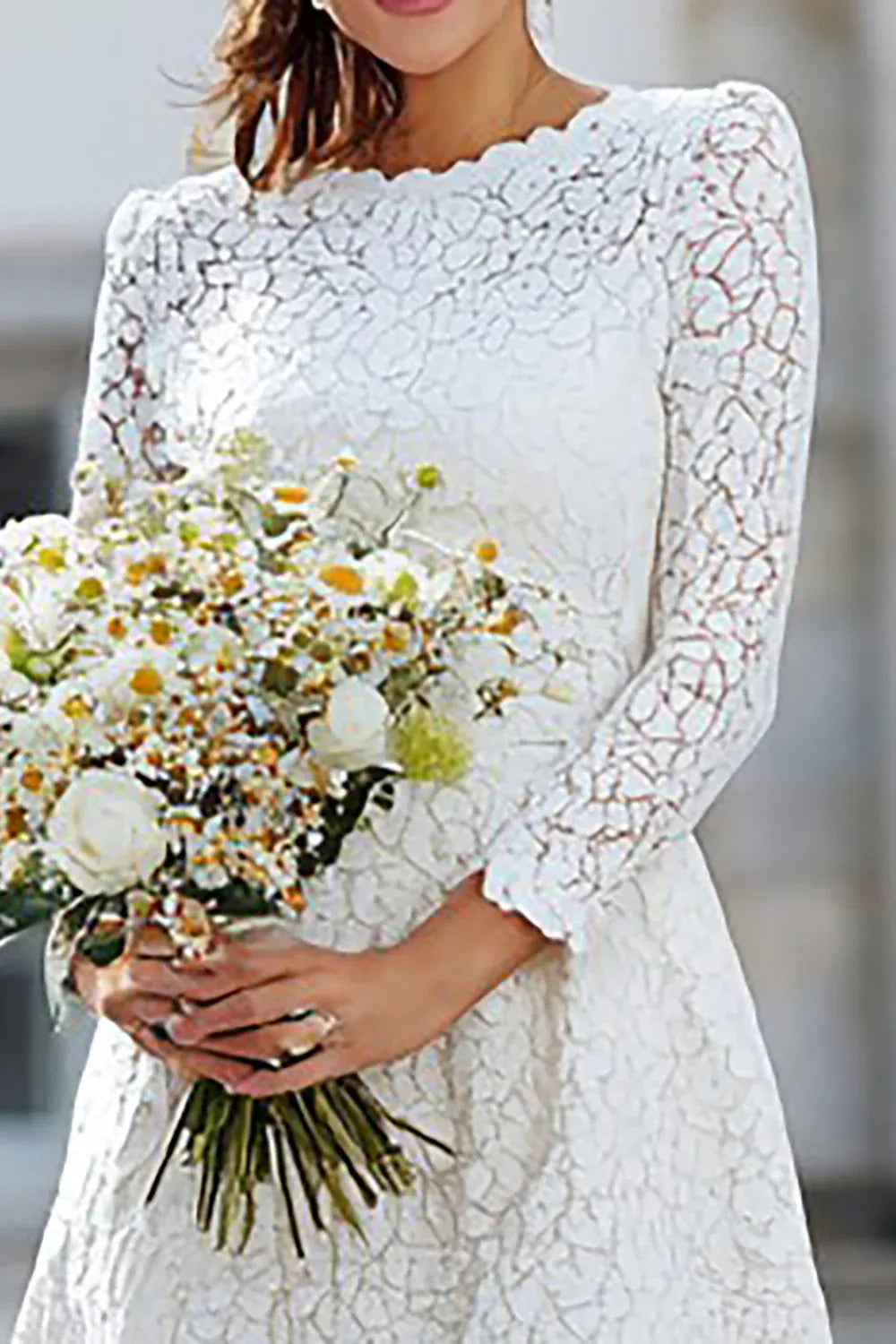 Round Neck Long Sleeve Lace Midi Wedding Dress - Vintage Bridal & Elopement Gown