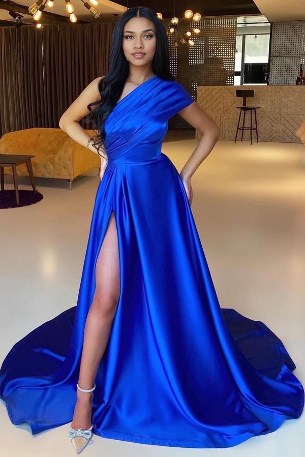 Royal Blue Long A-line One Shoulder Satin Prom Dress with Split