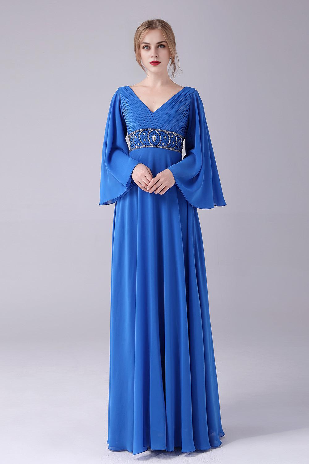 A-Line V-Neck Pleated Long Mother Of the Bride Dress With Beading