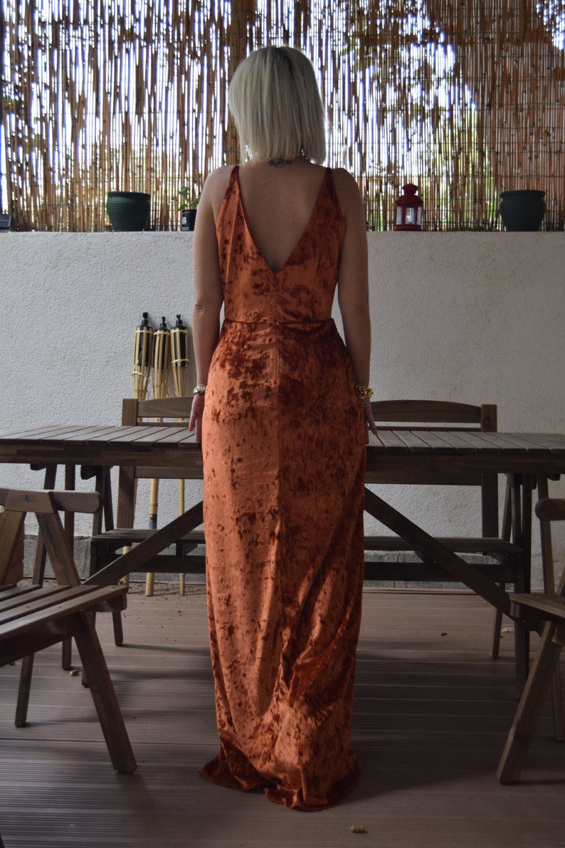 Rust Burnt Orange Crushed Velvet Prom Dress Cowl Neck Line Wedding Party Maid Of Honor Dress