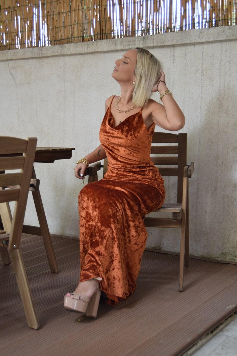 Rust Burnt Orange Crushed Velvet Prom Dress Cowl Neck Line Wedding Party Maid Of Honor Dress