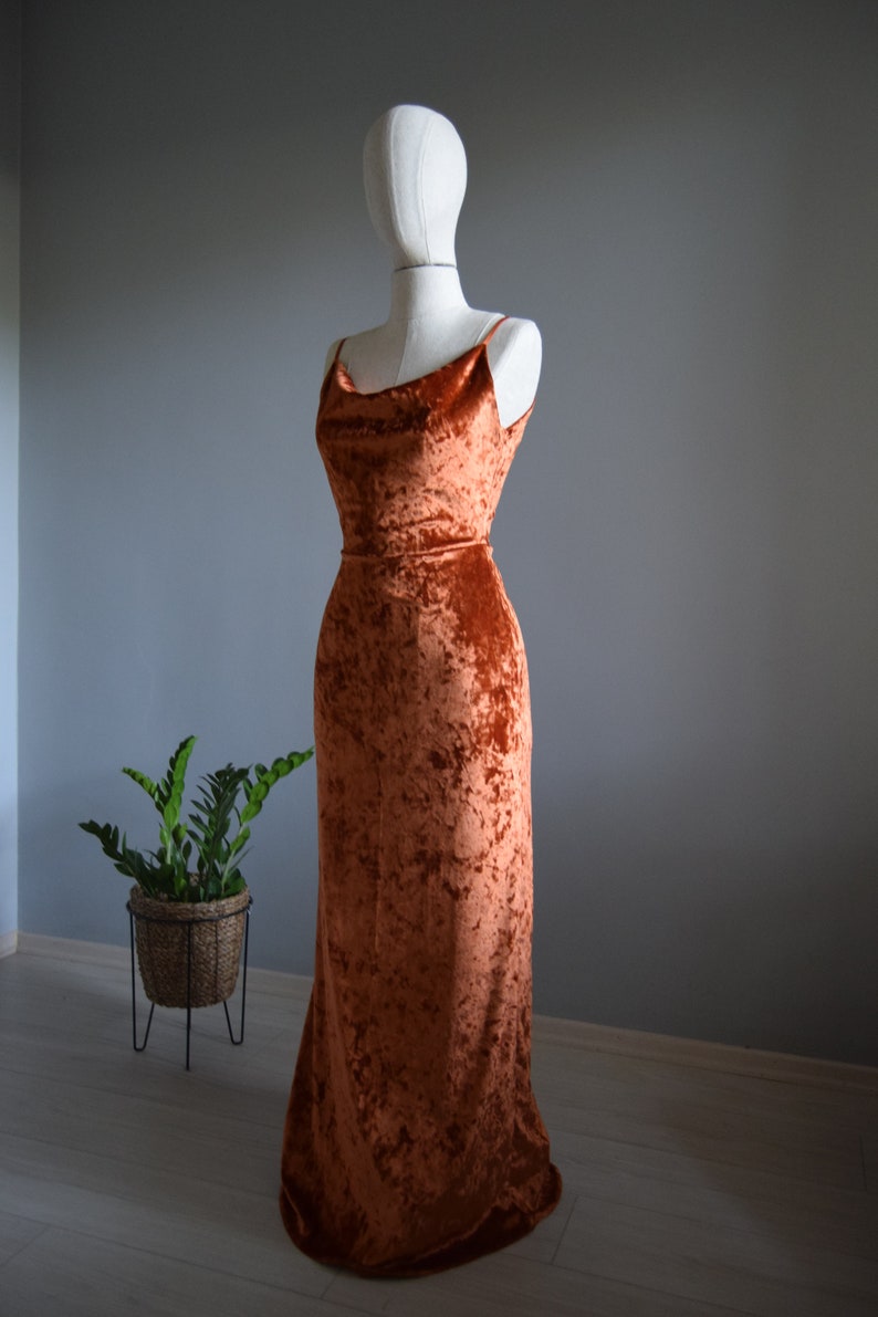 Rust Burnt Orange Crushed Velvet Prom Dress Cowl Neck Line Wedding Party Maid Of Honor Dress