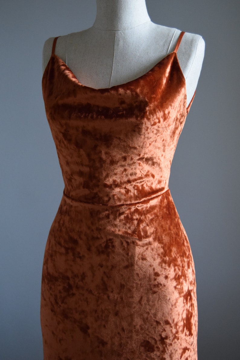 Rust Burnt Orange Crushed Velvet Prom Dress Cowl Neck Line Wedding Party Maid Of Honor Dress