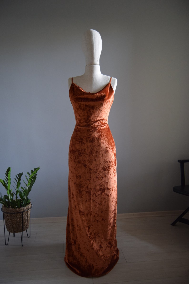 Rust Burnt Orange Crushed Velvet Prom Dress Cowl Neck Line Wedding Party Maid Of Honor Dress