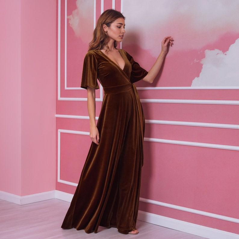 Rust gold velvet long wrap around Prom dress bridesmaid dresses wedding guest dress maxi dress Maid of Honor dress evening dress