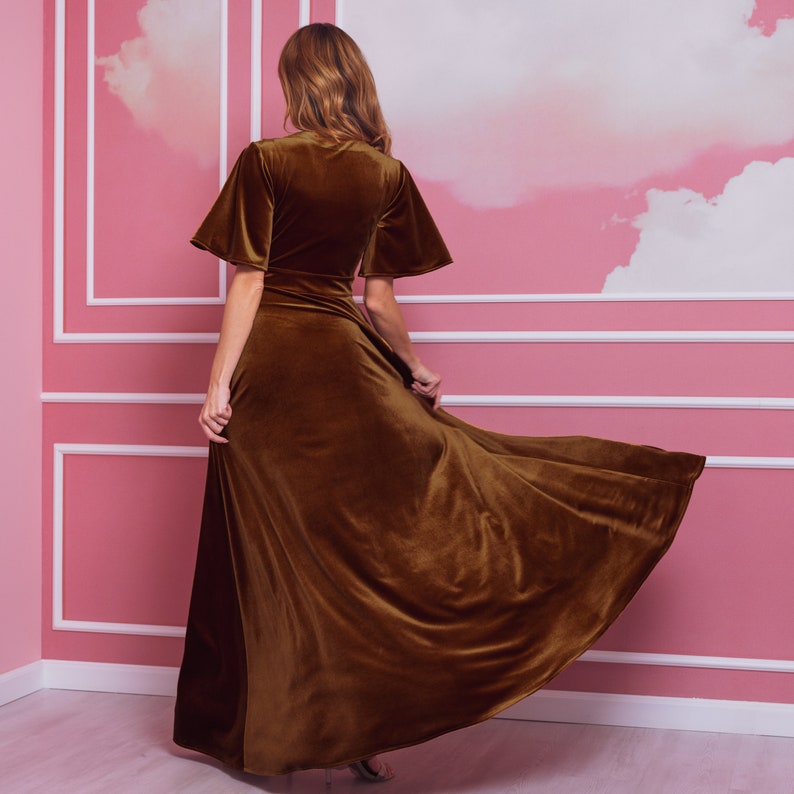 Rust gold velvet long wrap around Prom dress bridesmaid dresses wedding guest dress maxi dress Maid of Honor dress evening dress