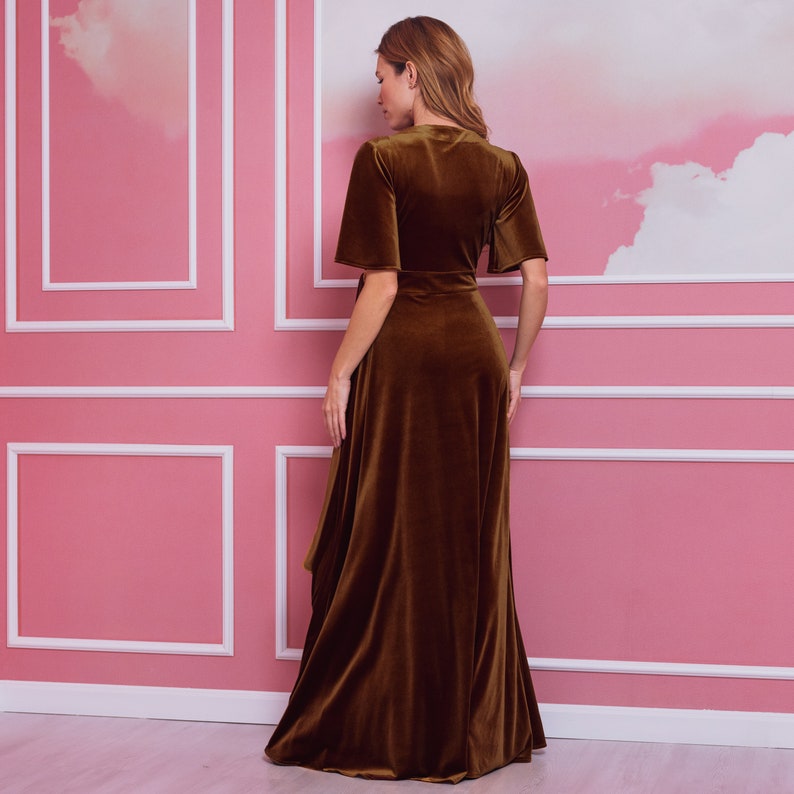Rust gold velvet long wrap around Prom dress bridesmaid dresses wedding guest dress maxi dress Maid of Honor dress evening dress