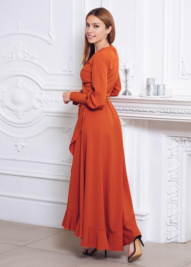Unique Design Rust Orange V-neck Long Sleeved Formal Bridesmaid Dress