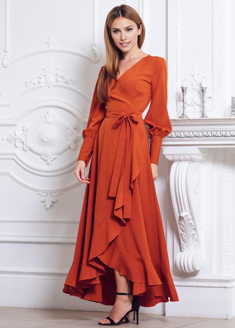 Unique Design Rust Orange V-neck Long Sleeved Formal Bridesmaid Dress