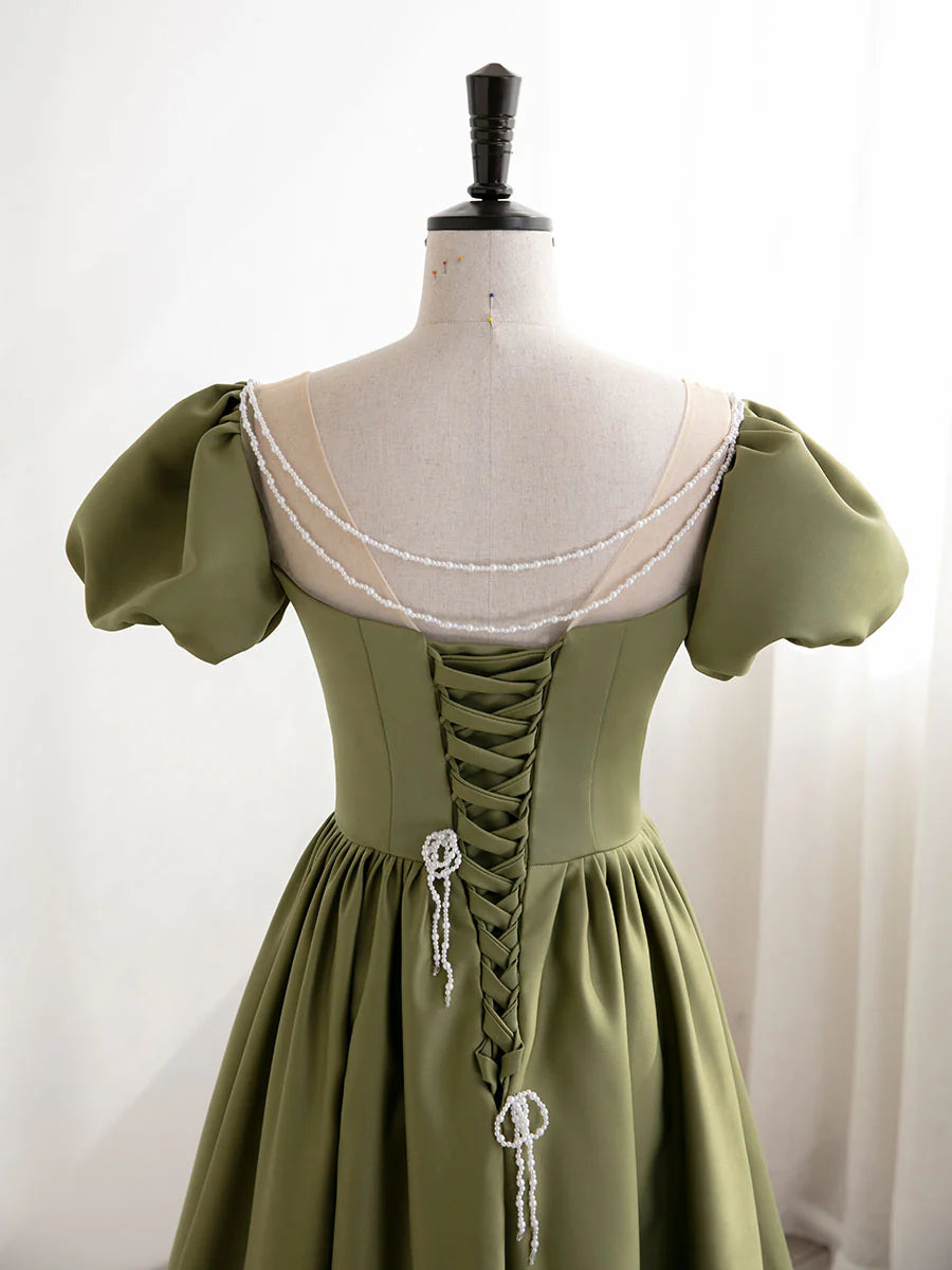 Puff Sleeves Satin Long Prom Dress Green Long Formal Dresses