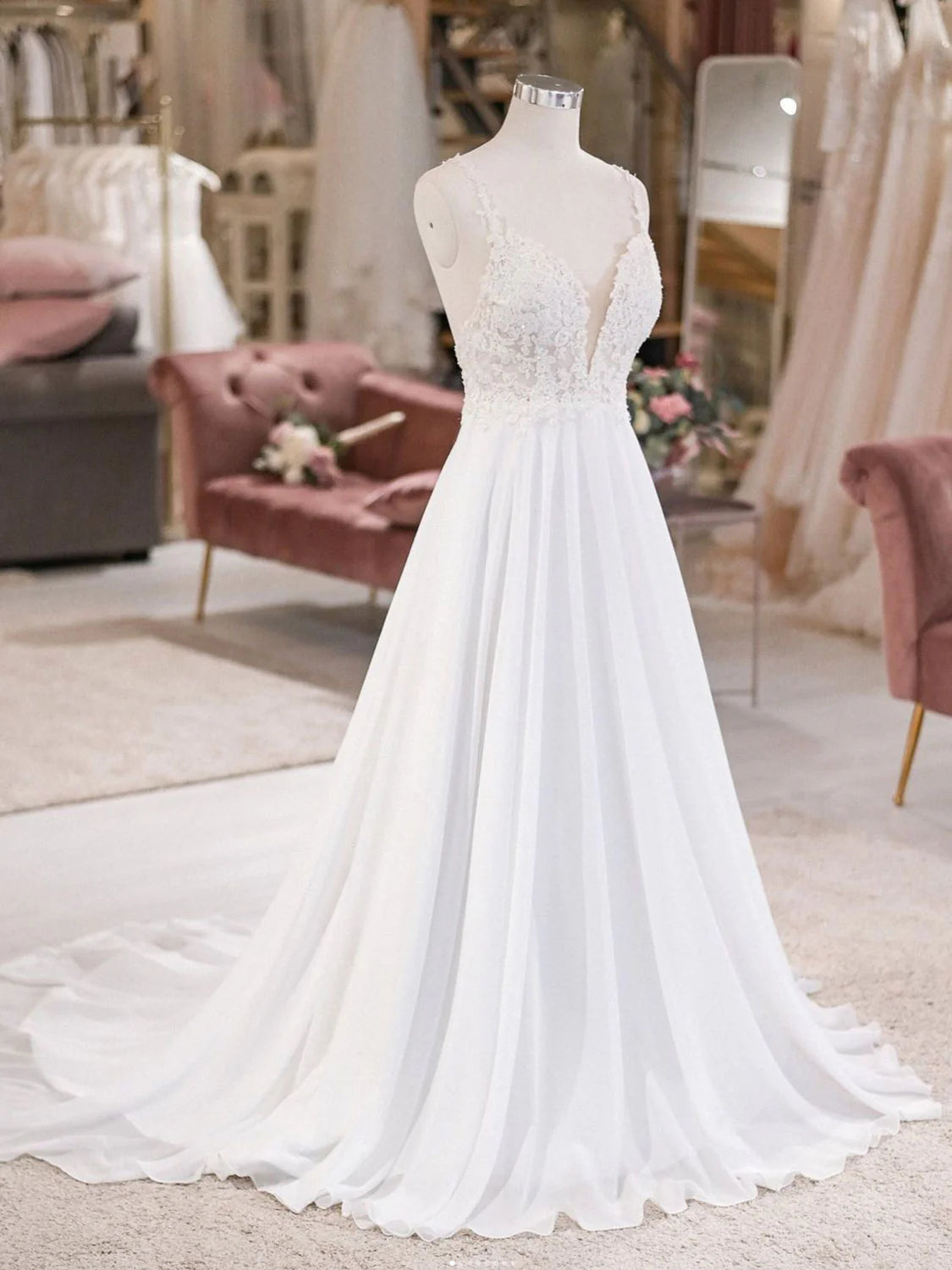 V Neck Lace Chiffon Long Wedding Dress Beach Wedding Dress