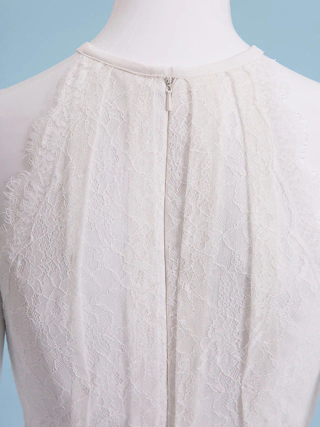 DingjiWedding Dresses Jewel Neck Floor Length Chiffon Lace Regular Straps Floral Lace with Lace Sash Ribbon