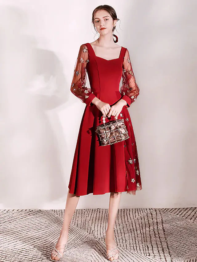 DingjiA-Line Glittering Princess Homecoming Cocktail Party Dress Scoop Neck Long Sleeve Tea Length Stretch Fabric with Sequin Embroidery Splicing