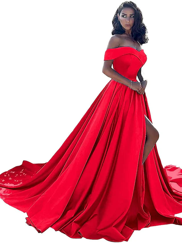 DingjiA-Line Minimalist Sexy Prom Formal Evening Dress Off Shoulder Sleeveless Chapel Train Satin with Split Front
