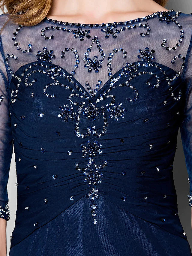 A-Line Mother of the Bride Dress See Through Jewel Neck Chiffon Tulle Half Sleeve with Ruched Crystals Beading