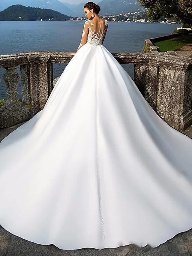 DingjiA-Line Wedding Dresses Jewel Neck Court Train Satin Long Sleeve Sexy Wedding Dress in Color with Appliques