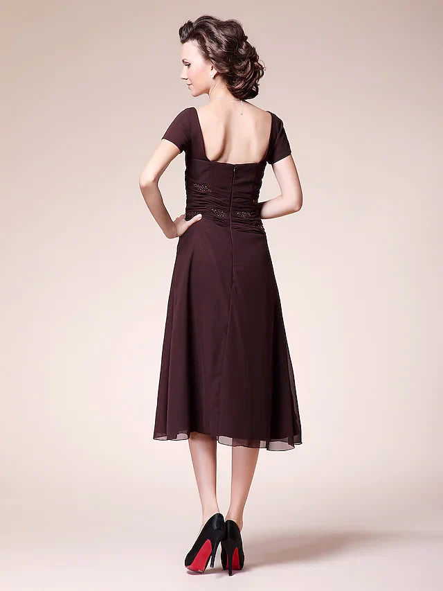 DingjiBall Gown Cocktail Party Wedding Party Dress V Neck Short Sleeve Tea Length Chiffon with Ruched Beading