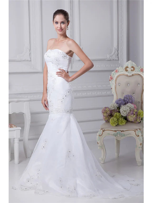 DingjiWedding Dresses Strapless Chapel Train Organza Satin Strapless with Beading Embroidery