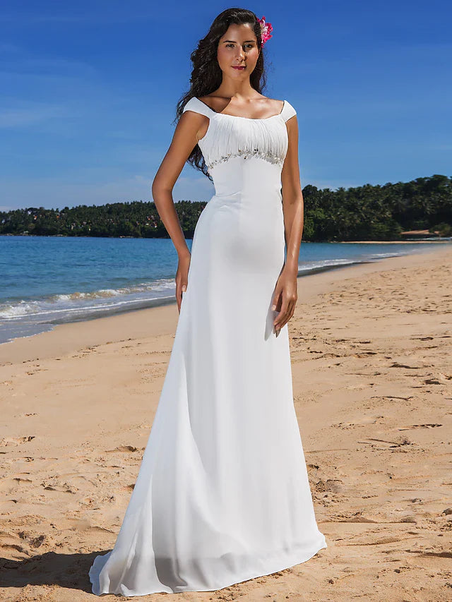 DingjiWedding Dresses Scoop Neck Chiffon Cap Sleeve Beach Plus Size with Beading Draping Button