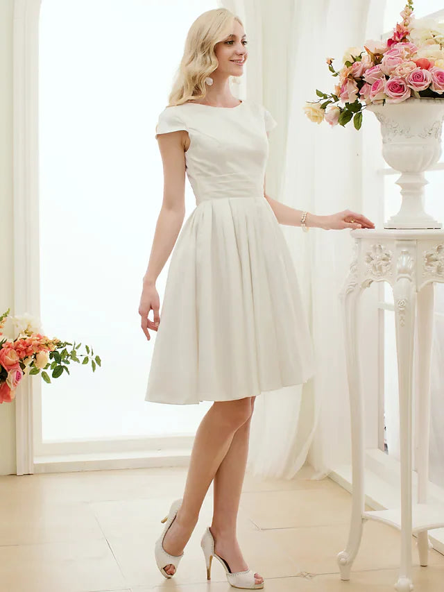 A-Line Wedding Dresses Jewel Neck Knee Length Satin Short Sleeve Formal Simple Casual Little White Dress with Sash Ribbon