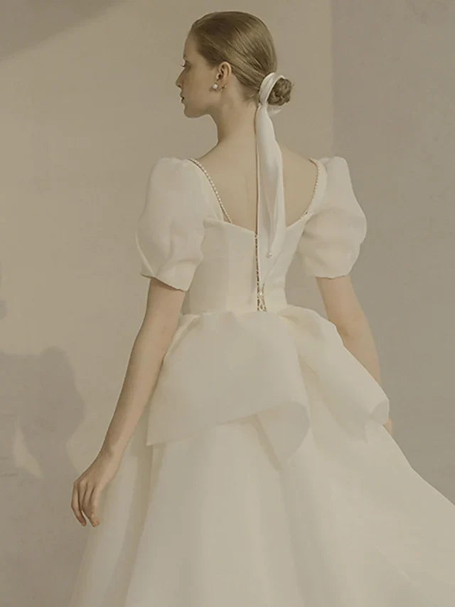 DingjiA-Line Wedding Dresses Scoop Neck Ankle Length Organza Short Sleeve Country Simple Little White Dress with Ruffles