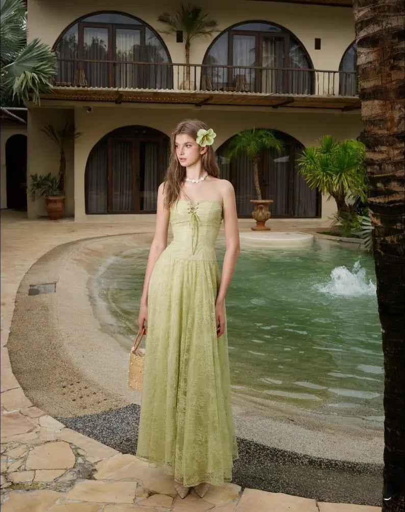Sage Green Maxi Evening Dresses with Strapless Corset Bodice Lace Insert Tie Front Flowy A-line Skirt