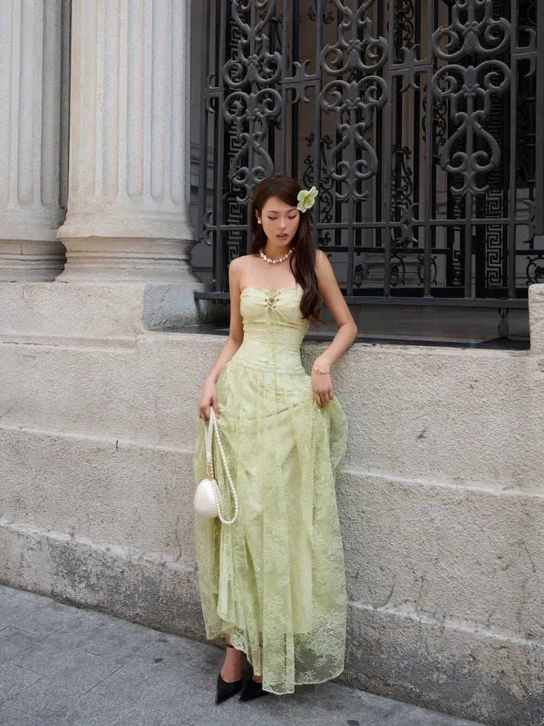Sage Green Maxi Evening Dresses with Strapless Corset Bodice Lace Insert Tie Front Flowy A-line Skirt