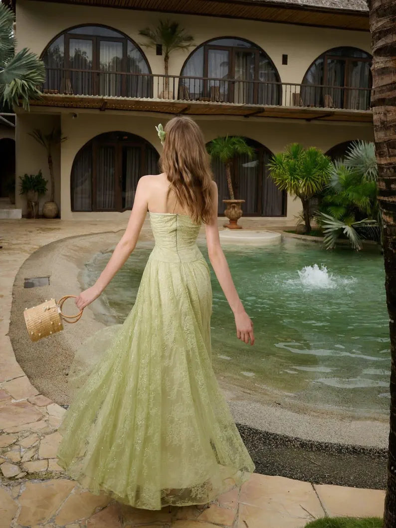Sage Green Maxi Evening Dresses with Strapless Corset Bodice Lace Insert Tie Front Flowy A-line Skirt