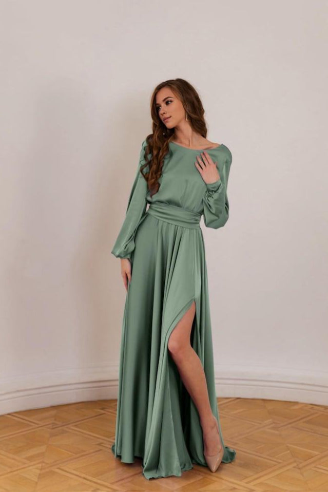 Sage Green Open Back Bridesmaid Dress Elegant Wedding Guest Dress Custom Made Maxi Dress Formal Long Sleeve Evening Gown