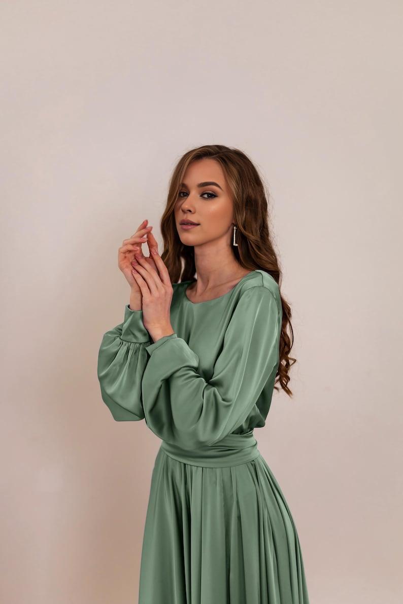 Sage Green Open Back Bridesmaid Dress Elegant Wedding Guest Dress Custom Made Maxi Dress Formal Long Sleeve Evening Gown