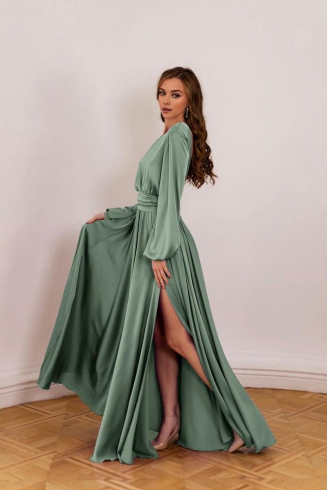 Sage Green Open Back Bridesmaid Dress Elegant Wedding Guest Dress Custom Made Maxi Dress Formal Long Sleeve Evening Gown