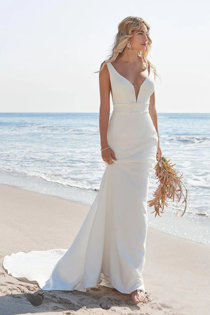 Satin Elegant V Neck Mermaid Beach Wedding Dresses