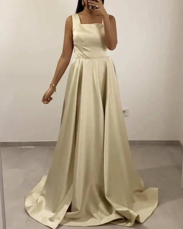 Light Champagne Satin Spaghetti Straps Evening Dresses