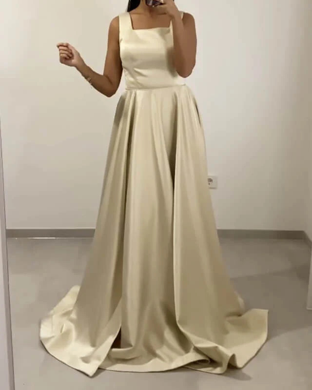 Light Champagne Satin Spaghetti Straps Evening Dresses
