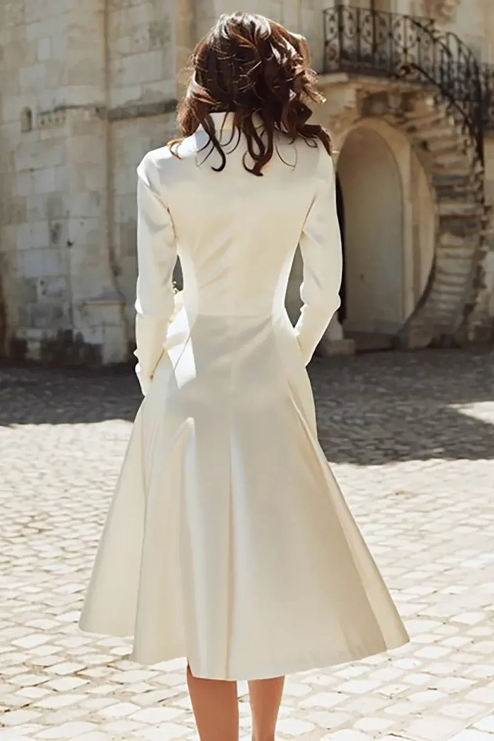 Satin Blazer-Style Midi Wedding Dress with Hidden Pockets