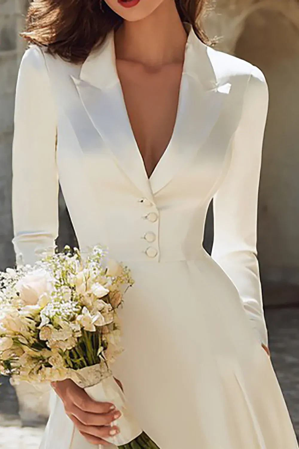 Satin Blazer-Style Midi Wedding Dress with Hidden Pockets