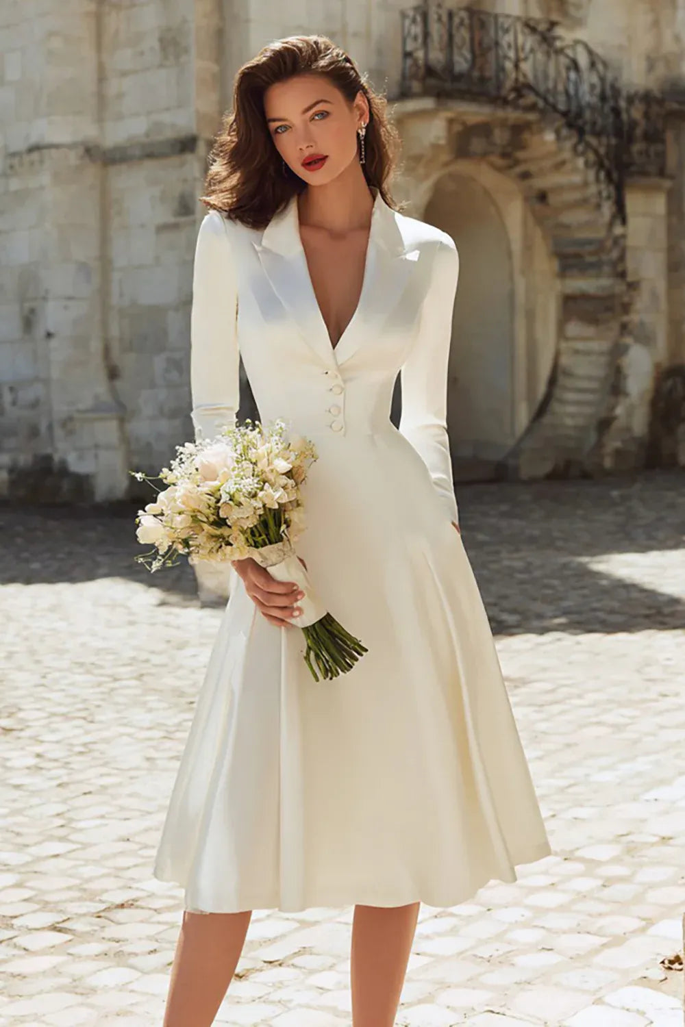 Satin Blazer-Style Midi Wedding Dress with Hidden Pockets
